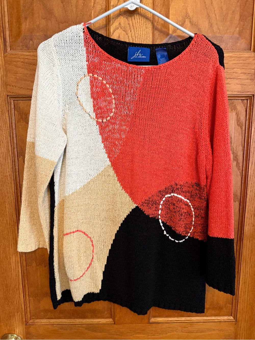 JM Collection Colorblock Red, Black, Cream & Tan Knit Scoop Neck Sweater